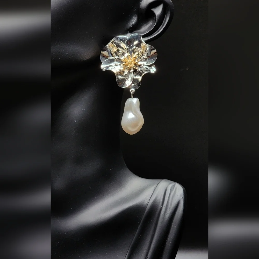 Silver and White Pearl Drop Earrings